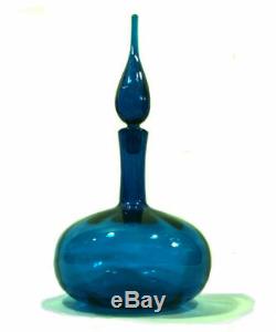 Mid Century Modern decanter. 1960's Blenko. Deep turquoise blue. 14 tall