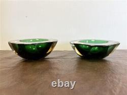 Mid Century Seguso Faceted Flat Cut Polished Geode Sommerso Glass Bowls