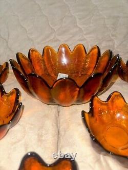 Mid Century Vintage 1961 Blenko Glass 6143L Amber Floriform 9 Piece Bowls Husted