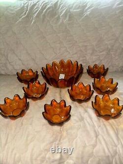 Mid Century Vintage 1961 Blenko Glass 6143L Amber Floriform 9 Piece Bowls Husted