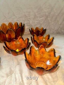 Mid Century Vintage 1961 Blenko Glass 6143L Amber Floriform 9 Piece Bowls Husted