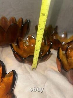 Mid Century Vintage 1961 Blenko Glass 6143L Amber Floriform 9 Piece Bowls Husted