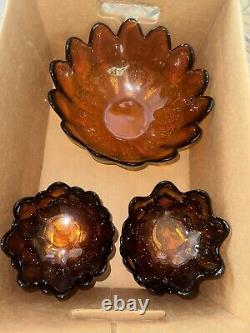 Mid Century Vintage 1961 Blenko Glass 6143L Amber Floriform 9 Piece Bowls Husted