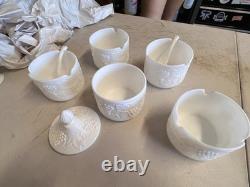 Milk Glass Ivy Tower Grape Pattern Stackable Bowl Set With Serving Spoons