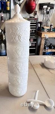Milk Glass Ivy Tower Grape Pattern Stackable Bowl Set With Serving Spoons