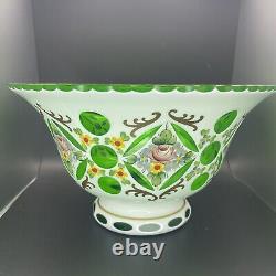 Moser Style Glass Bowl Czech Bohemian White Overlay Cut to Green Hand Painted