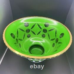 Moser Style Glass Bowl Czech Bohemian White Overlay Cut to Green Hand Painted