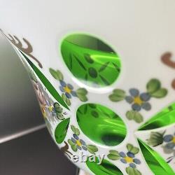 Moser Style Glass Bowl Czech Bohemian White Overlay Cut to Green Hand Painted