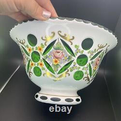 Moser Style Glass Bowl Czech Bohemian White Overlay Cut to Green Hand Painted