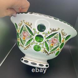 Moser Style Glass Bowl Czech Bohemian White Overlay Cut to Green Hand Painted