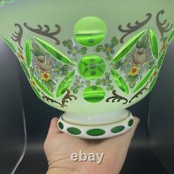 Moser Style Glass Bowl Czech Bohemian White Overlay Cut to Green Hand Painted