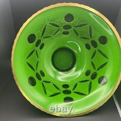 Moser Style Glass Bowl Czech Bohemian White Overlay Cut to Green Hand Painted