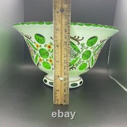 Moser Style Glass Bowl Czech Bohemian White Overlay Cut to Green Hand Painted