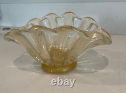 Murano Seguso Gold Footed Scalloped Bowl ITALY Murano 11-1/4 L