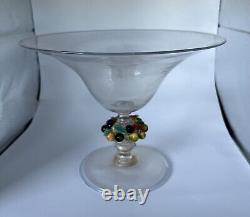 Murano Venetian Colorful Applied Fruit Stemmed Raised Bowl Adventurine Gold