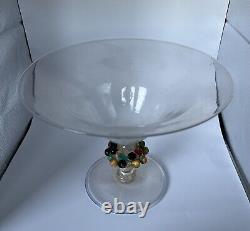 Murano Venetian Colorful Applied Fruit Stemmed Raised Bowl Adventurine Gold