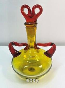 Myers Blenko Yellow Decanter with Tangerine Red Handles. Mid Century Art Glass MCM