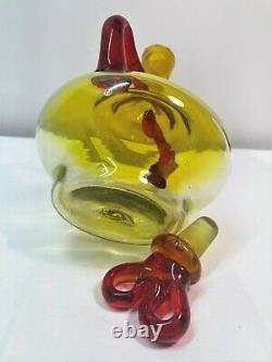 Myers Blenko Yellow Decanter with Tangerine Red Handles. Mid Century Art Glass MCM