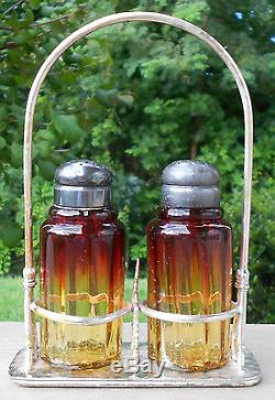 New England Glass Ribbed Dual Mold Amberina Salt Pepper Shakers Tufts Sp Frame