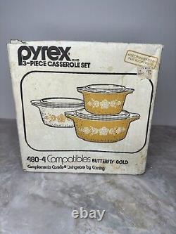 Nib Vintage Pyrex Butterfly Gold 470-4 Bake Serve & Store 3-piece Set