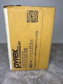 Nib Vintage Pyrex Butterfly Gold 470-4 Bake Serve & Store 3-piece Set
