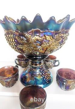 Northwood Grape And Cable Carnival Glass Punch Bowl Set MINT
