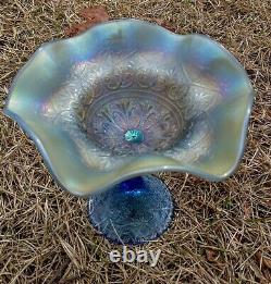 Northwood Hearts & Flowers Sapphire Blue Opalescent Carnival Glass Compote