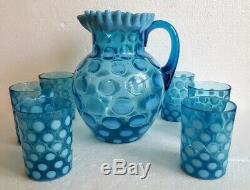 Old Fenton Or Northwood Opalescent Blue Coin Dot Spot Water Pitcher & Glasses