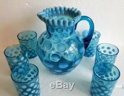 Old Fenton Or Northwood Opalescent Blue Coin Dot Spot Water Pitcher & Glasses
