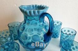 Old Fenton Or Northwood Opalescent Blue Coin Dot Spot Water Pitcher & Glasses