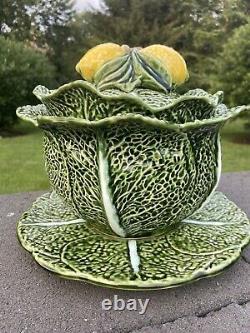 Olfaire Portugal Pottery 10 Cabbage Leaf Soup Tureen WithLeamon on the Lid 3 Pcs