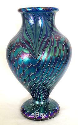 Orient & Flume Blue Iriscene Vase with COA Fishscale Decorated Art Glass NR