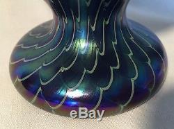 Orient & Flume Blue Iriscene Vase with COA Fishscale Decorated Art Glass NR