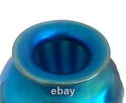 Orient & Flume Glass Iridescent Blue Luster Ribbed Vase Signed David Smallhouse