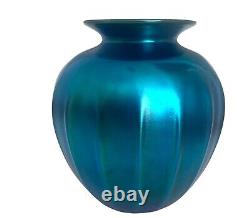 Orient & Flume Glass Iridescent Blue Luster Ribbed Vase Signed David Smallhouse