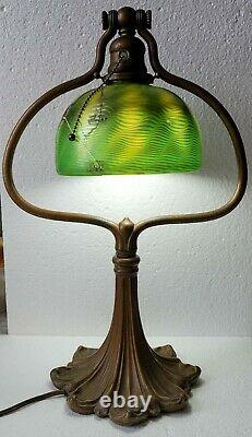 Original Rare Tiffany Studios Harp Desk Lamp With LCT Favrile Damascene Shade