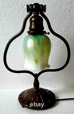 Original Tiffany Studios Harp Desk Lamp with LCT Favrile Pulled Feather Shade