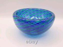 Orlando Zennaro Murano Glass Double Walled Bowl Blue Green Swirl Filigree SIGNED