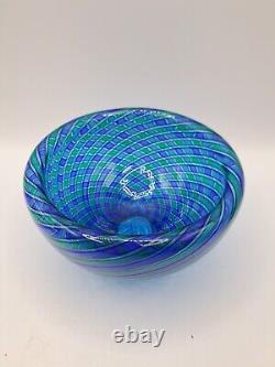 Orlando Zennaro Murano Glass Double Walled Bowl Blue Green Swirl Filigree SIGNED