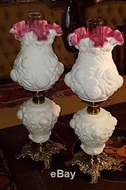 PAIR Fenton L. G. Wright Lamps Satin Glass Puffy Rose Peach Blow Cased Wild Rose