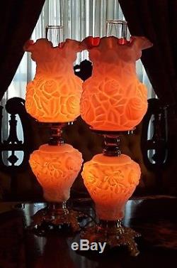 PAIR Fenton L. G. Wright Lamps Satin Glass Puffy Rose Peach Blow Cased Wild Rose