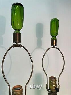 PAIR of Myers Green Crackle Glass BLENKO Table lamps with Finials. Mid Century