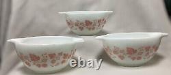 PYREX Gooseberry Pink On White Cinderella Mixing Bowls, Set Of 3, 1.5 Pint, Vtg