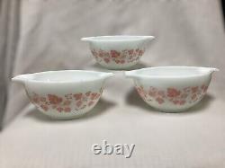 PYREX Gooseberry Pink On White Cinderella Mixing Bowls, Set Of 3, 1.5 Pint, Vtg