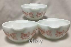 PYREX Gooseberry Pink On White Cinderella Mixing Bowls, Set Of 3, 1.5 Pint, Vtg