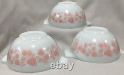 PYREX Gooseberry Pink On White Cinderella Mixing Bowls, Set Of 3, 1.5 Pint, Vtg