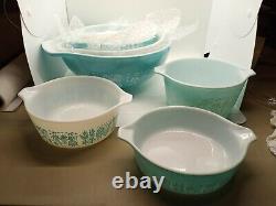 PYREX TURQUOISE AMISH BUTTERPRINT CINDERELLA MIXING BOWLS and CASSEROLE Dishes