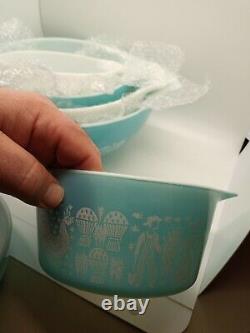 PYREX TURQUOISE AMISH BUTTERPRINT CINDERELLA MIXING BOWLS and CASSEROLE Dishes