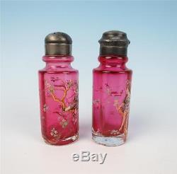 Pair Antique Cranberry Enamel Glass Salt & Pepper Shakers Pot Mt. Washington