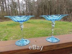 Pair Antique Early 20thC Carder Era Steuben Celeste Blue & Clear Glass Compotes